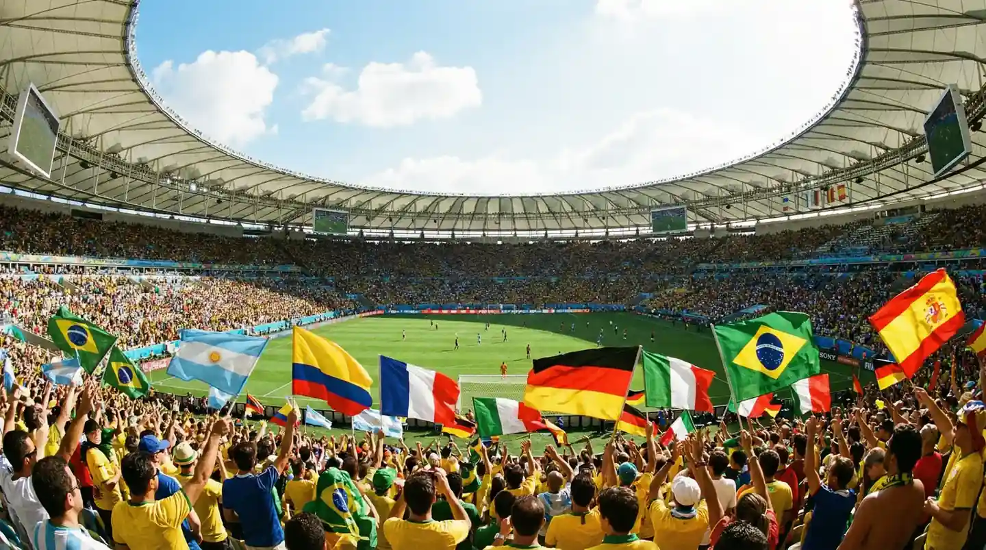 Aficionados al fútbol en la tribuna de un estadio siguiendo un partido del Mundial con banderas de diferentes países