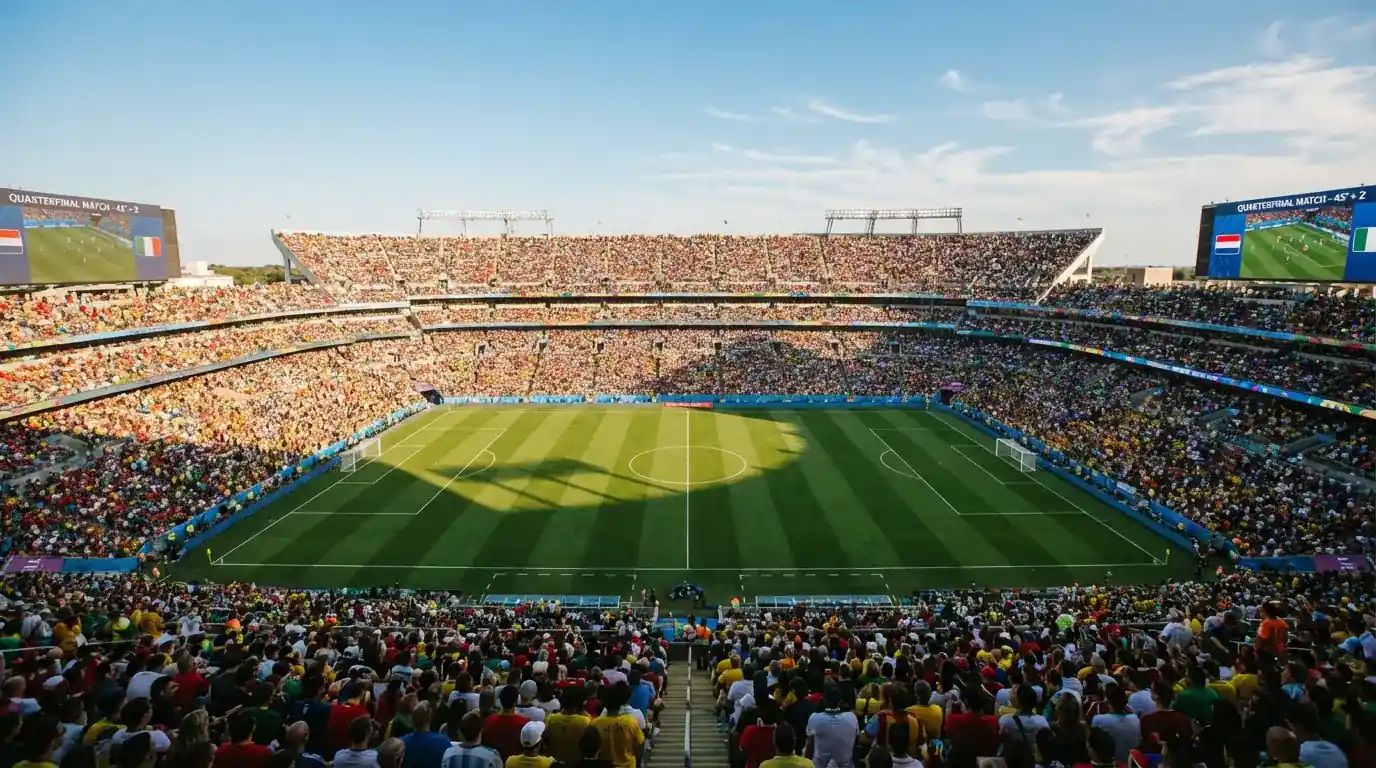 Vista panorámica de un estadio moderno preparado para el Mundial 2026 con césped impecable y gradas repletas de aficionados