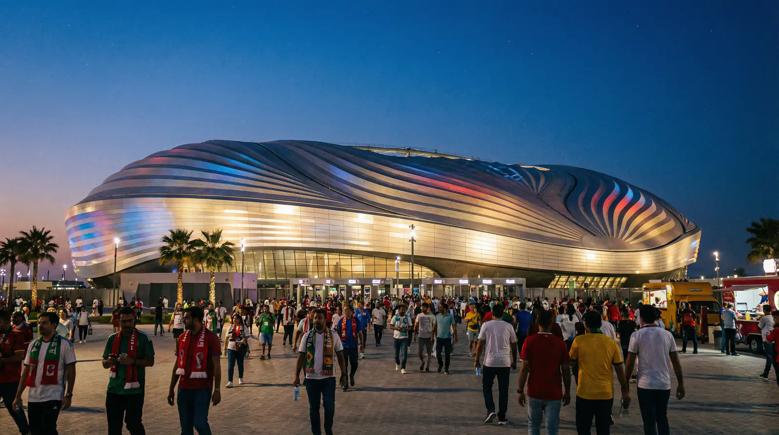 Fachada exterior de un gran estadio de fútbol estadounidense iluminado al atardecer antes de un partido del Mundial