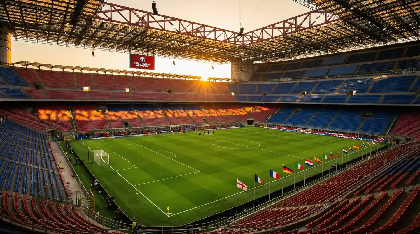 Estadio europeo con banderas de las dieciséis selecciones clasificadas de UEFA al Mundial 2026